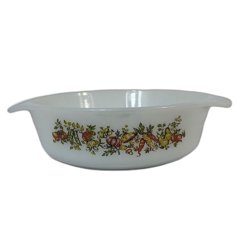 VTG Anchor Hocking Fall Vegetable Harvest Casserole Dish White 1 Quart No Lid